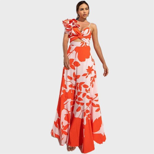 One-Piece Shoulder-Hugging Ruffled-Edge swimsuitHigh-End Open-Printed One-Piece swimsuit