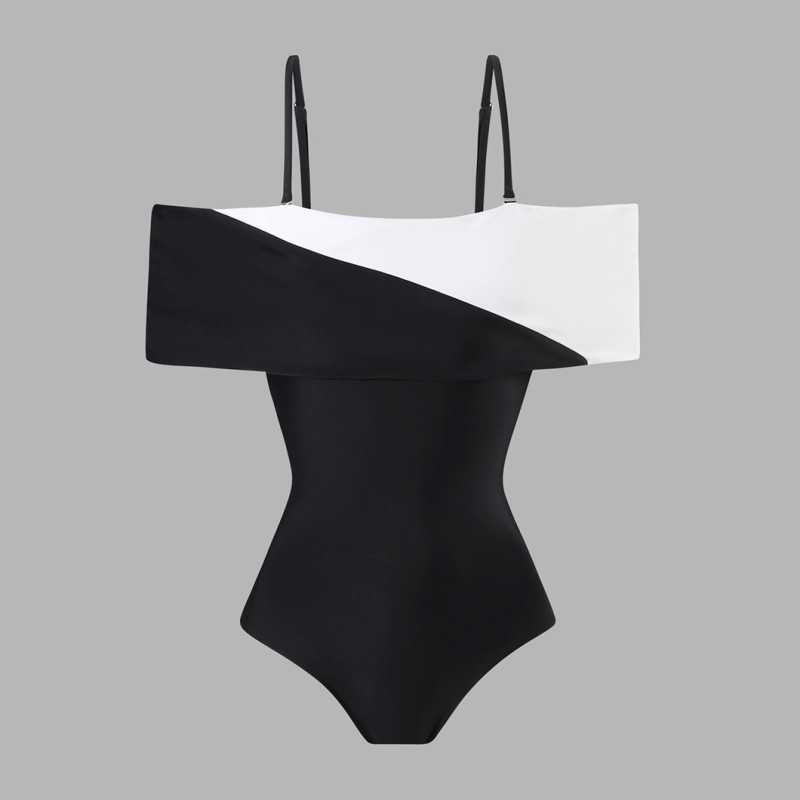 V-Neck Black and White Patchwork Color swimmingSuit Simple and Elegant One-Piece Swimsuit
