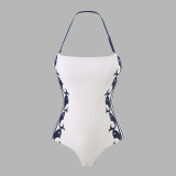 Black and White Color Matching One-Piece Neck-WrapTight-Fitting Swimsuit Backless High-End Style BikiniSwimsuit