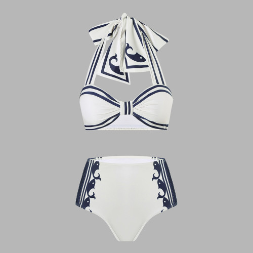 Black and White Color Matching One-Piece Neck-WrapTight-Fitting Swimsuit Backless High-End Style BikiniSwimsuit