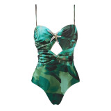 Green 2025 Sexy Open-Weave Printed One-Piece SwimsuitStrapless Skirted Umbrella Set Swimsuit