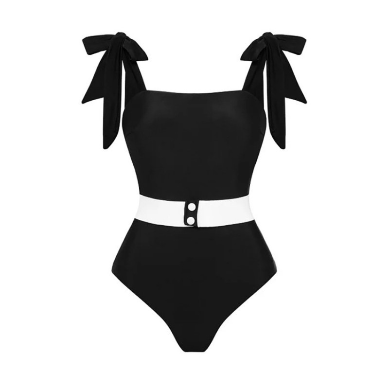 Fashion Black Belted Shoulder Strap Printed One-Piece SwimmingSuit Vintage High-End show style Tight-FittingSwimsuit