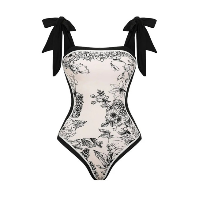 Belted Shoulder Strap Printed One-Piece SwimmingSuit Vintage High-End show style Tight-FittingSwimsuit