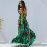 Green 2025 Sexy Open-Weave Printed One-Piece SwimsuitStrapless Skirted Umbrella Set Swimsuit