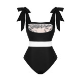 Belted Shoulder Strap Printed One-Piece SwimmingSuit Vintage High-End show style Tight-FittingSwimsuit