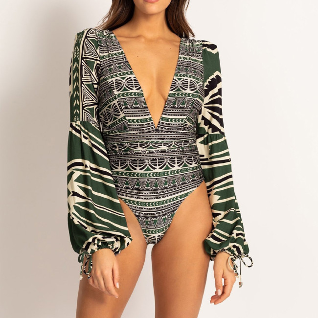 One-Piece Printed Personalized Long-SleevedSwimsuit Sexy Backless Beach Swimsuit in a OnePiece Style