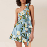 Women's Shoulder-Baring Bow Tie Swimwear SexyTight Floral Print One-Piece Swimsuit