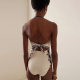 Black and White Color Matching One-Piece Neck-WrapTight-Fitting Swimsuit Backless High-End Style BikiniSwimsuit