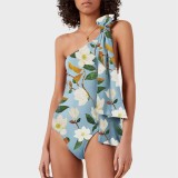 Women's Shoulder-Baring Bow Tie Swimwear SexyTight Floral Print One-Piece Swimsuit