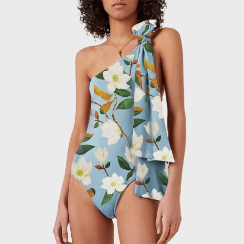 Women's Shoulder-Baring Bow Tie Swimwear SexyTight Floral Print One-Piece Swimsuit