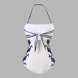 Black and White Color Matching One-Piece Neck-WrapTight-Fitting Swimsuit Backless High-End Style BikiniSwimsuit