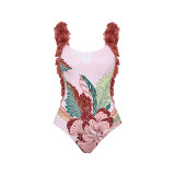 One-Piece Backless Flower Shoulder-Belt SwimmingSuit Handcrafted Vacation Retro Backless DesignSwimsuit