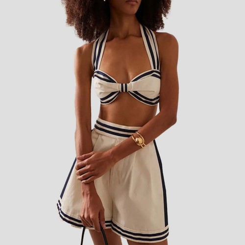 Black and White Color Matching One-Piece Neck-WrapTight-Fitting Swimsuit Backless High-End Style BikiniSwimsuit