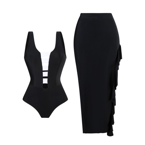 V-Neck Black and White Patchwork Color swimmingSuit Simple and Elegant One-Piece Swimsuit