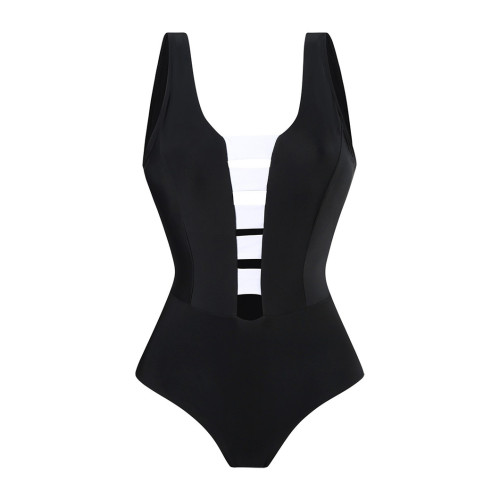 V-Neck Black and White Patchwork Color swimmingSuit Simple and Elegant One-Piece Swimsuit