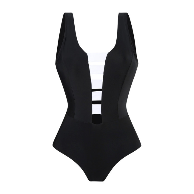 V-Neck Black and White Patchwork Color swimmingSuit Simple and Elegant One-Piece Swimsuit