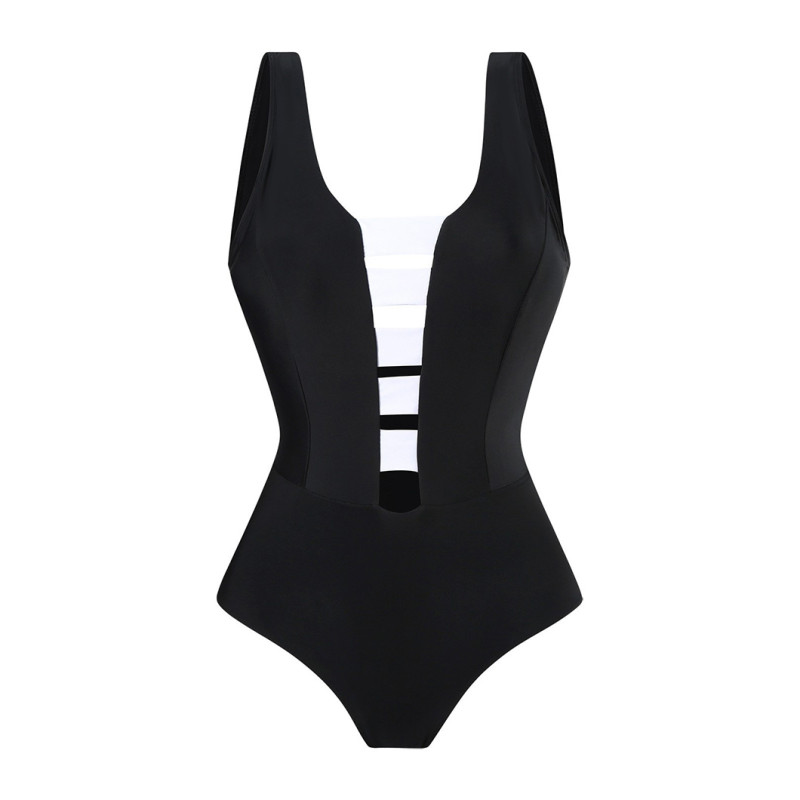 V-Neck Black and White Patchwork Color swimmingSuit Simple and Elegant One-Piece Swimsuit