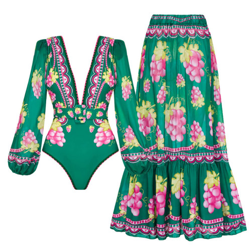 Deep V One-Piece swimsuit Hot Spring Resort RuffledFringed French Retro Print swimsuit