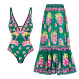 Deep V One-Piece swimsuit Hot Spring Resort RuffledFringed French Retro Print swimsuit