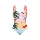 One-Piece Backless Flower Shoulder-Belt SwimmingSuit Handcrafted Vacation Retro Backless DesignSwimsuit