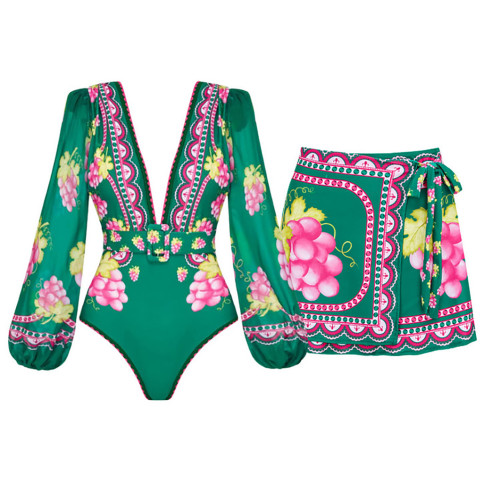 Deep V One-Piece swimsuit Hot Spring Resort RuffledFringed French Retro Print swimsuit