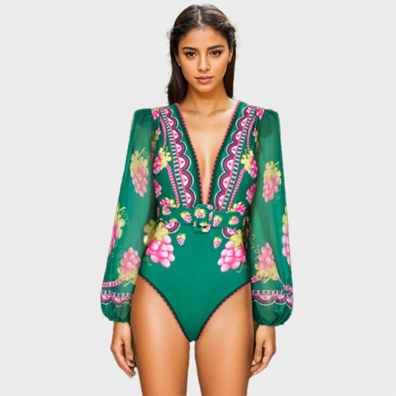 Deep V One-Piece swimsuit Hot Spring Resort RuffledFringed French Retro Print swimsuit