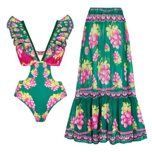 Deep V One-Piece swimsuit Hot Spring Resort RuffledFringed French Retro Print swimsuit