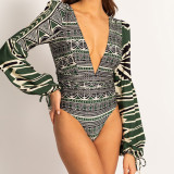 One-Piece Printed Personalized Long-SleevedSwimsuit Sexy Backless Beach Swimsuit in a OnePiece Style