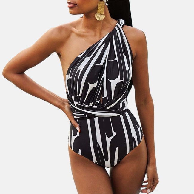 Deep V Strap Multi-Wearing Style Striped SwimsuitNew Style Pool-Wearing One-Piece LightweightWaterproof Swimsuit