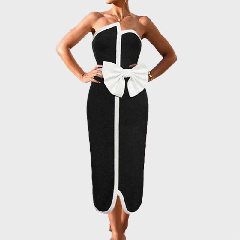 Black and White Striped Design Swimsuit Bow TiePlunging High-Necked Sophisticated Set-Piece one-Piece Swimsuit