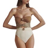 Golden Button Color-Contrasting Three-Color onePiece Swimsuit Sexy Half-Dress Set Swimsuit