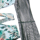 Sexy Strappy Backless One-Piece Swimsuit MeshLong-Sleeved Printed swimsuit