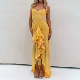 Women High-End Pleated Sexy Tight-Fitting RuffHourglass-Shaped Design Multi-Color Halter Dress