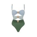 Golden Button Color-Contrasting Three-Color onePiece Swimsuit Sexy Half-Dress Set Swimsuit