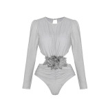 Solid Color Shiny One-Piece Swimsuit Halter-NeckLong-Sleeved Open-Front One-Piece Swimsuit