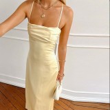 High-End Sexy Backless Halter Figure-Hugging YellowLong Dress Satin-Faced Evening Gown Dresses