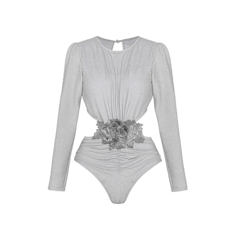 Solid Color Shiny One-Piece Swimsuit Halter-NeckLong-Sleeved Open-Front One-Piece Swimsuit