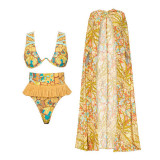 Sexy Tight Backless Printed One-Piece SwimsuitThree-Piece Beach Vacation Shawl with Ruffled EdgesSwimsuit