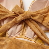 Solid Color Shiny One-Piece Swimsuit Halter-NeckLong-Sleeved Open-Front One-Piece Swimsuit