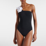 Black and White Contrast Plunging One-Piece Swimsuit Simple Three-Dimensional Flower-DecoratedSwimsuit
