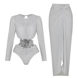 Solid Color Shiny One-Piece Swimsuit Halter-NeckLong-Sleeved Open-Front One-Piece Swimsuit