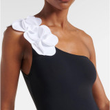 Black and White Contrast Plunging One-Piece Swimsuit Simple Three-Dimensional Flower-DecoratedSwimsuit