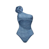 Retro-Style Blue Tight-Fitting Swimsuit Three.Dimensional Flower Sexy One-Piece Swimsuit