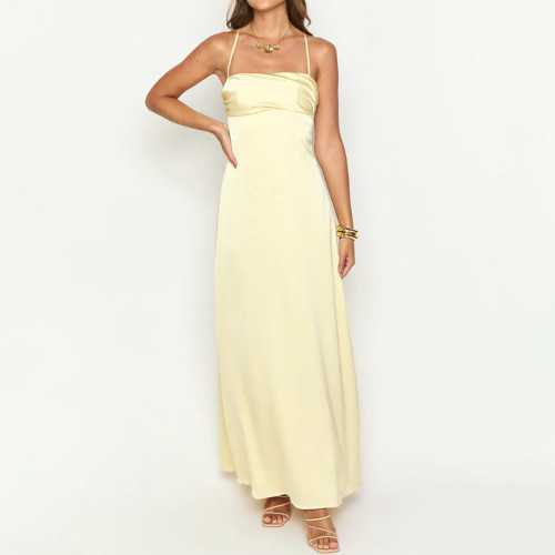 High-End Sexy Backless Halter Figure-Hugging YellowLong Dress Satin-Faced Evening Gown Dresses