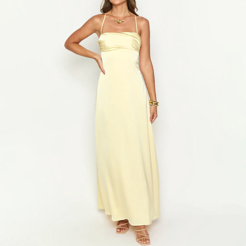 High-End Sexy Backless Halter Figure-Hugging YellowLong Dress Satin-Faced Evening Gown Dresses