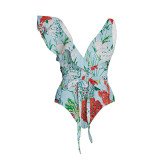 Summer Halter-Print One-Piece Bikini Swimsuit Tie-Style Retro-Fitted Tight-Fitting Swimsuit