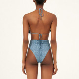 Retro-Style Blue Tight-Fitting Swimsuit Three.Dimensional Flower Sexy One-Piece Swimsuit