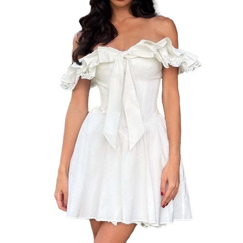 New Style Fishbone-Shaped Elegant White Dress SexyV-Neck with Bow Tie at The Waist and Backless WhiteDresses