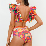 Flower Print Two-Piece Swimsuit High-End FrenchRetro-Style Swimsuit Bow-Shaped Shoulder StrapDecorated Swimsuit