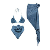 Retro-Style Blue Tight-Fitting Swimsuit Three.Dimensional Flower Sexy One-Piece Swimsuit